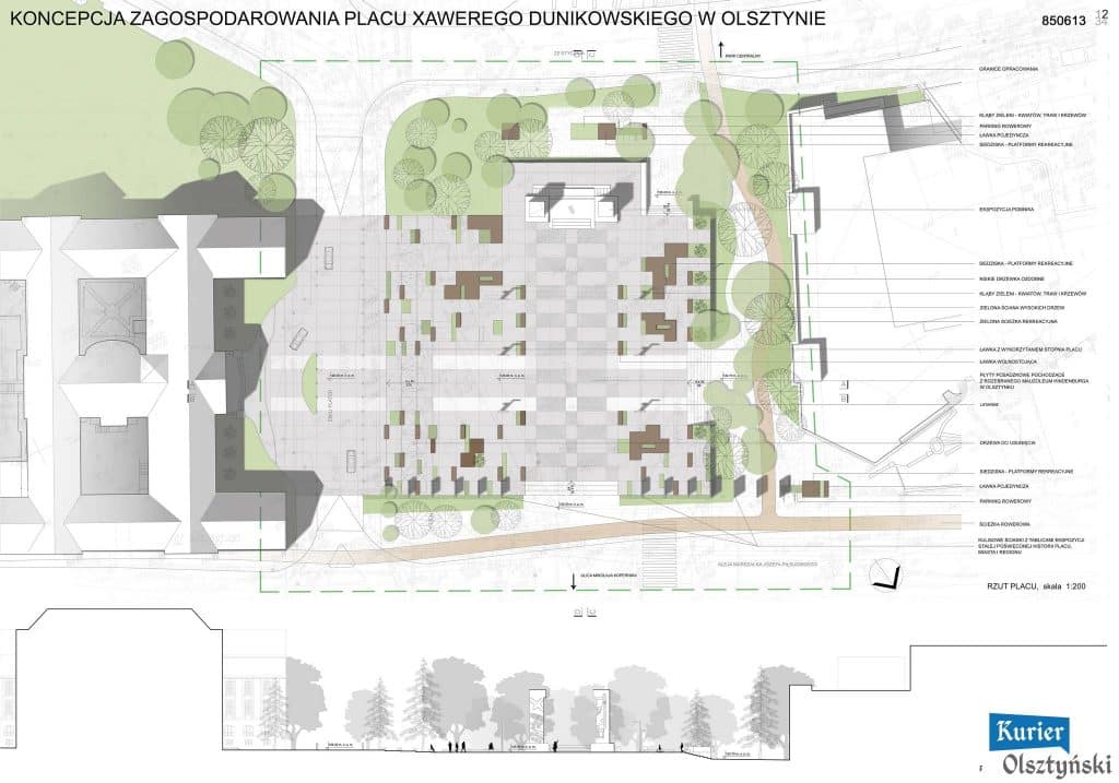 Projekt koncepcji zagospodarowania placu z licznymi drzewami, ławkami i przestrzenią rekreacyjną.