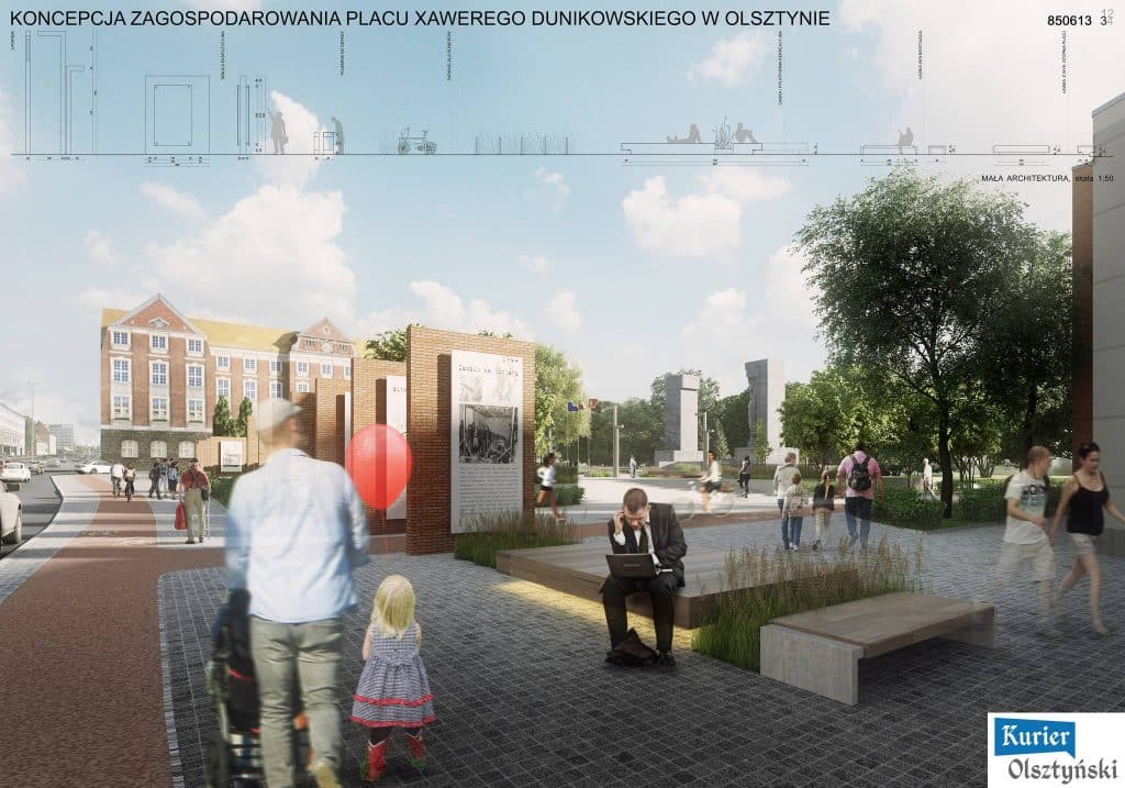 Projekt koncepcji nowego zagospodarowania Placu Dunikowskiego z zielonymi przestrzeniami i nowoczesnymi elementami.