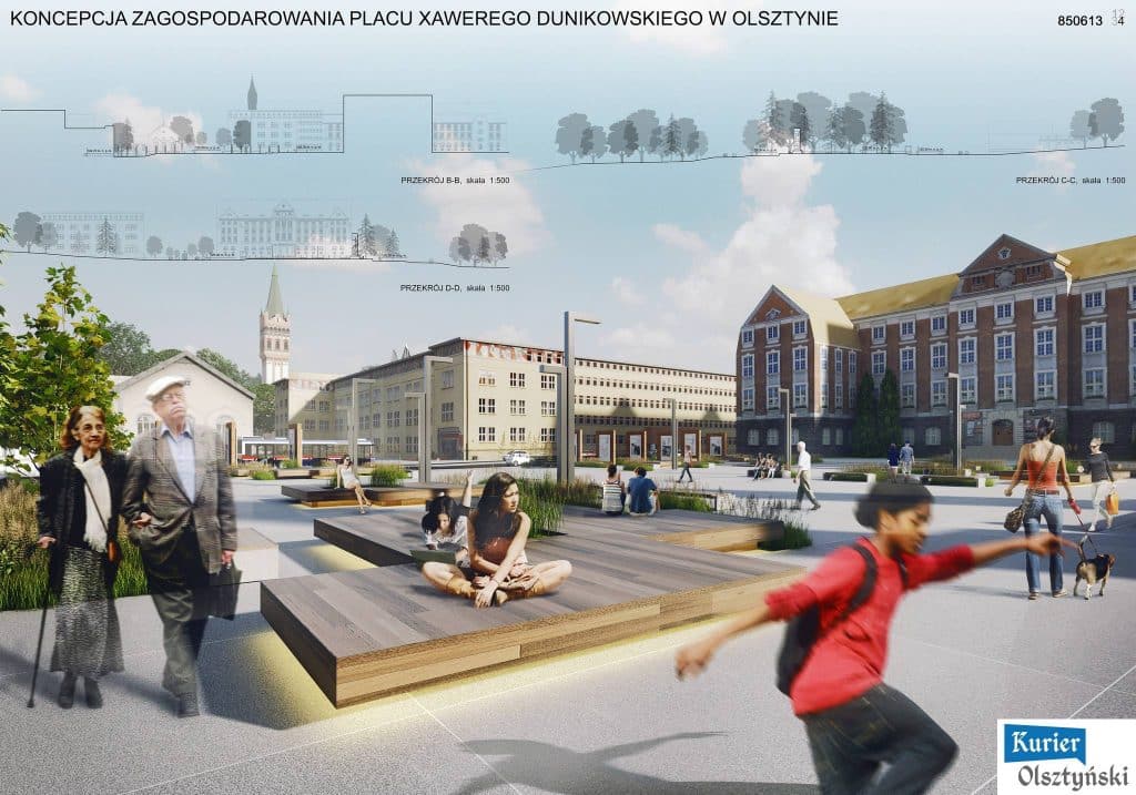 Wizualizacja nowego zagospodarowania Placu Dunikowskiego z placami, zielenią i przestrzenią dla pieszych.