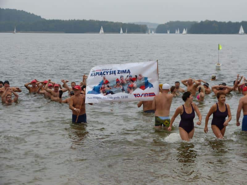 Grupa morsów w wodzie podczas inauguracji sezonu zimowych kąpieli nad jeziorem w Olsztynie.
