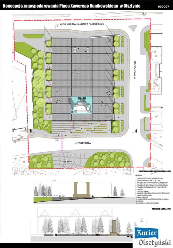 Plan koncepcyjny zagospodarowania placu z zielonymi terenami i ławkami bez parkingu.