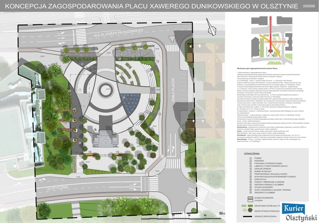 Plany zagospodarowania placu Dunikowskiego, z zielenią, fontannami i alejkami, bez parkingu.