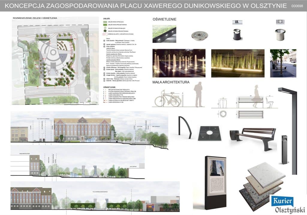 Projekt zagospodarowania Placu Dunikowskiego z nowymi nasadzeniami i elementami małej architektury.