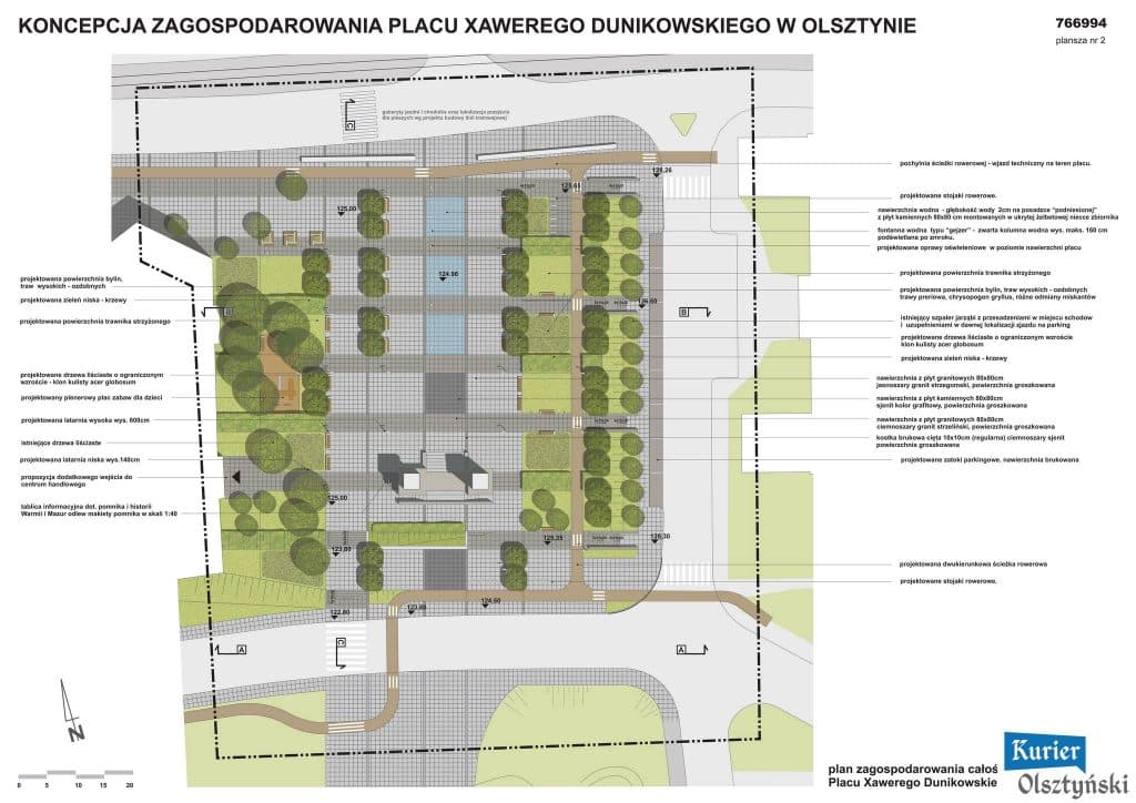 Projekt koncepcji zagospodarowania Placu Dunikowskiego z zielenią, ścieżkami i elementami wodnymi.