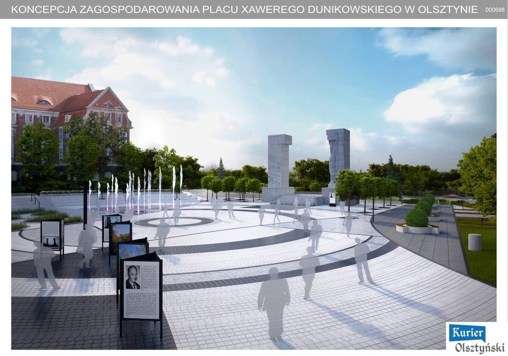 Projekt zagospodarowania placu Dunikowskiego z placem centralnym, fontannami i kolumnami
