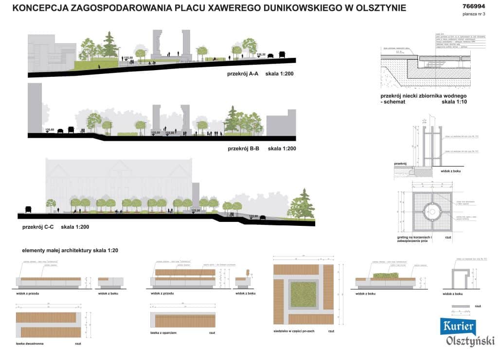 Plan zagospodarowania Placu Dunikowskiego z koncepcją architektoniczną i schematami różnych przekrojów.