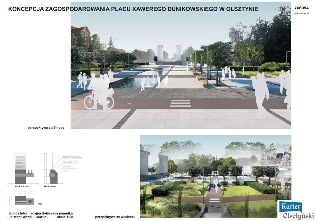 Wizualizacja koncepcji zagospodarowania placu Dunikowskiego z alejkami, fontannami i zielenią.
