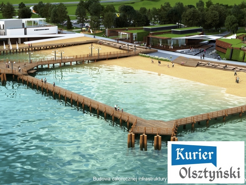 Przedstawienie planowanej infrastruktury Plaży Miejskiej nad jeziorem, z molo i plażami.