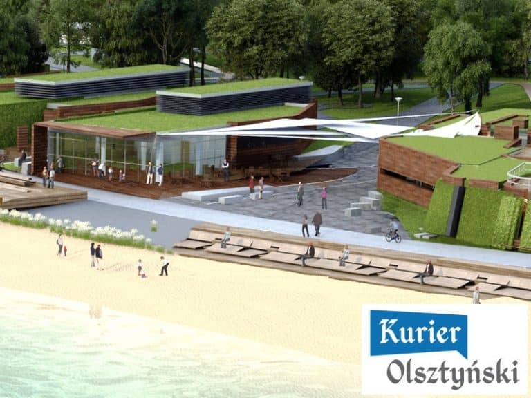 Widok na nowoczesną ścieżkę i plac przy Plaży Miejskiej z drzewami i ludźmi na tle.