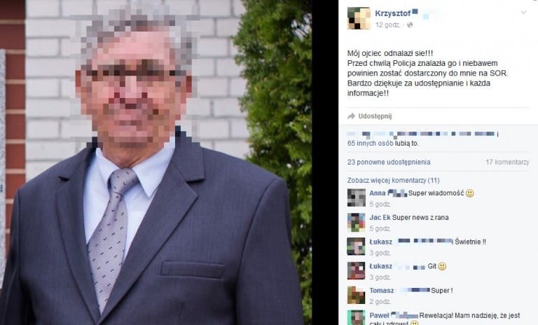 Internauci z Olsztyna pomogli odnaleźć zaginionego 69-latka