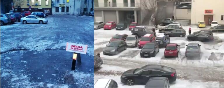 Auta wpadają do ogromnej dziury w centrum Olsztyna. Zobacz nagranie [WIDEO]