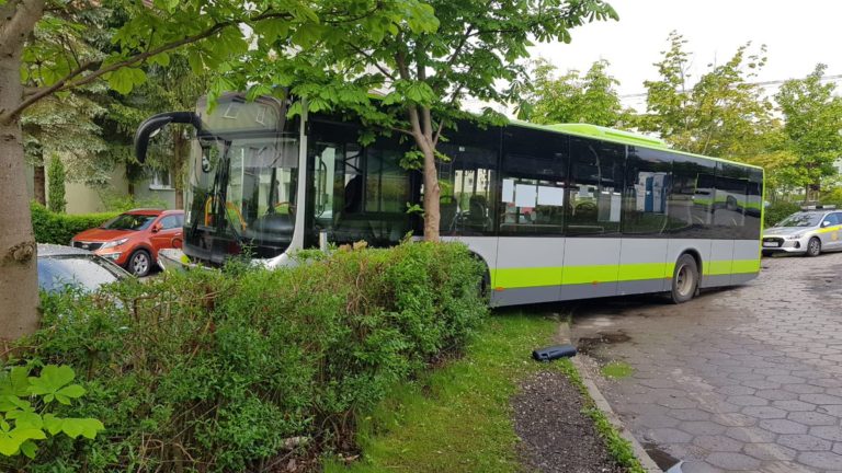 Na Pieczewie autobus zjechał na pobocze, uderzył w drzewo i uszkodził dwa zaparkowane pojazdy