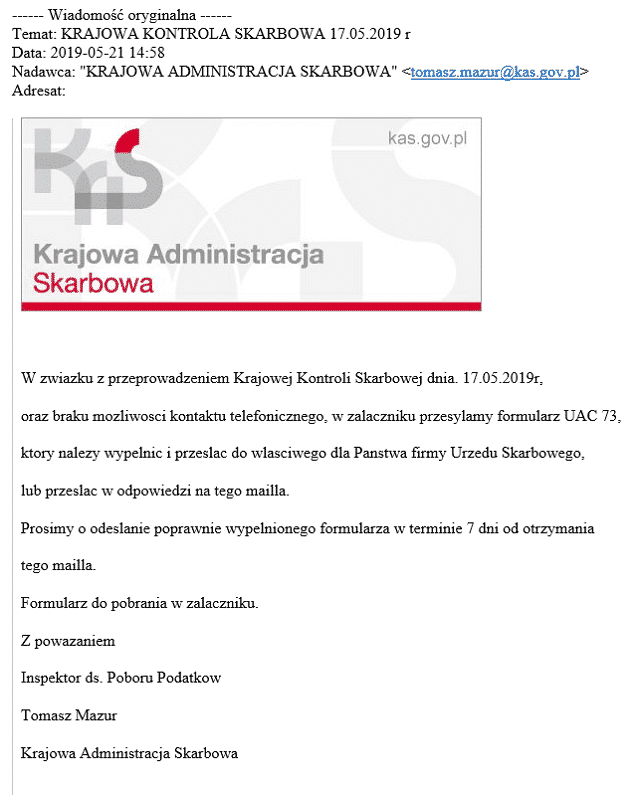 UWAGA na fałszywe wiadomości e-mail od skarbówki