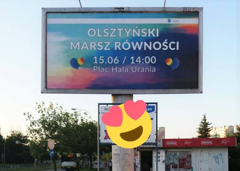 Olsztyński Marsz R&oacute;wności reklamuje się na ul. Dworcowej