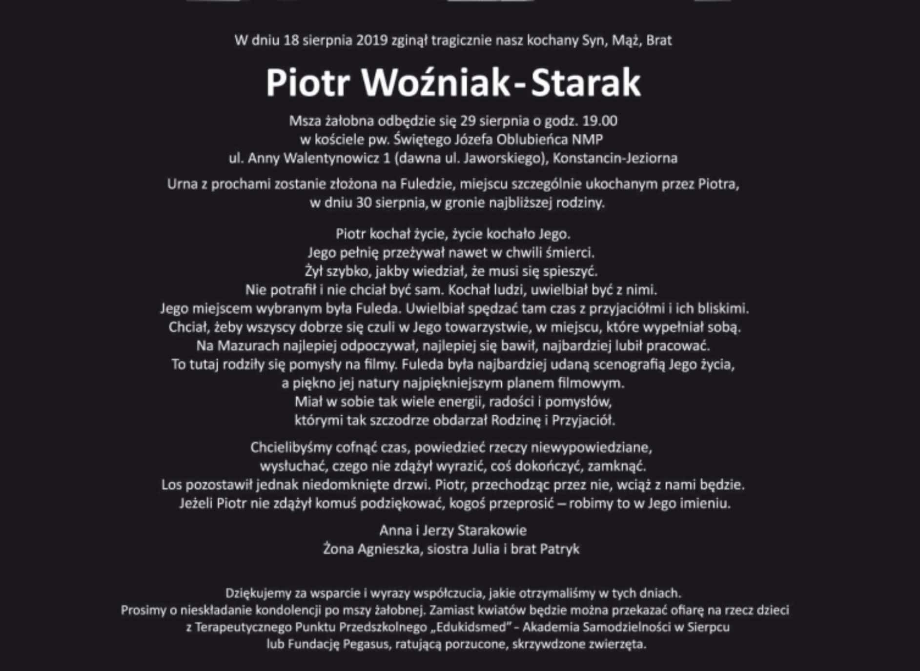 Rodzina Piotra Woźniak-Staraka opublikowała nekrolog w gazecie