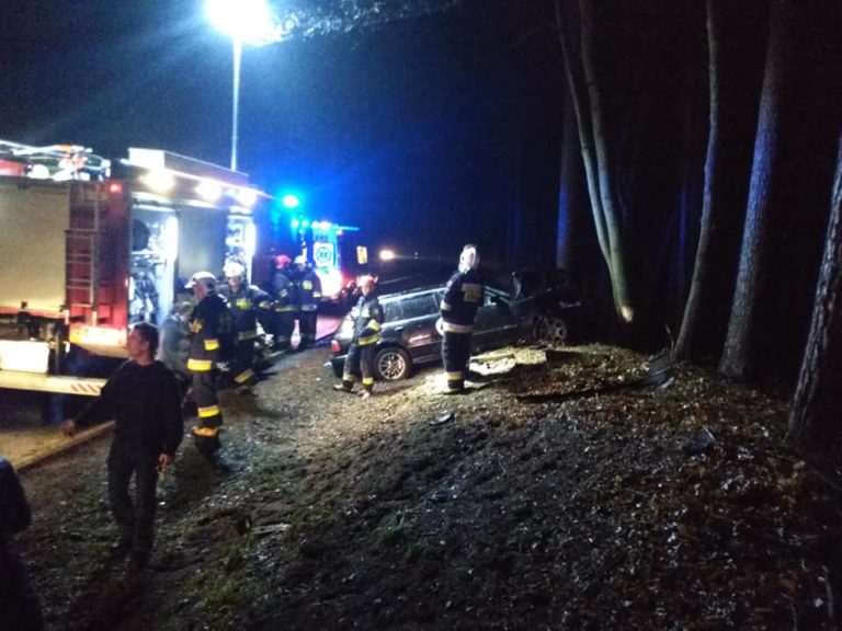 Na DK 16 auto uderzyło w drzewo. Dwie osoby zabrane do szpitala w tym jedno dziecko