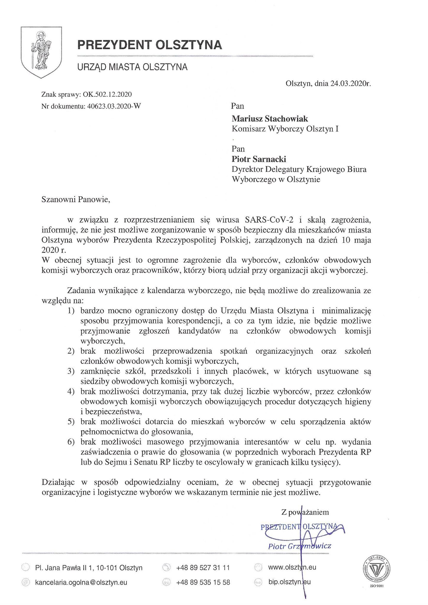 Prezydent Olsztyna chce zmiany terminu wyborów