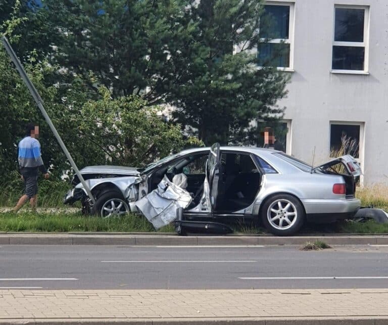 Na ul. Syn&oacute;w Pułku kierowca Audia A8 &bdquo;wyrwał&rdquo; do przodu. Jazdę skończył na drzewie i znaku drogowym