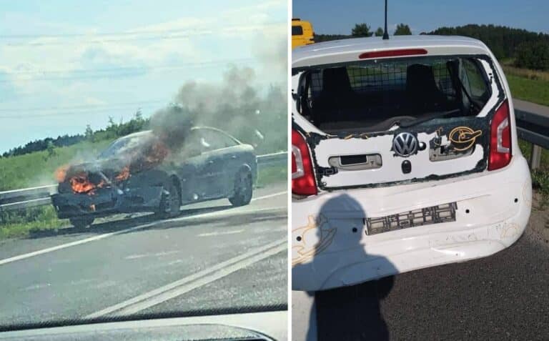 Wypadek pod Olsztynem. W wyniku zderzenia auto zapaliło się