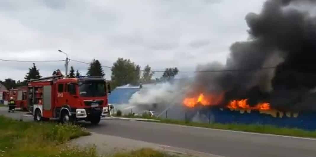 Nagranie z pożaru hali w Bartągu. Budynek zawalił się