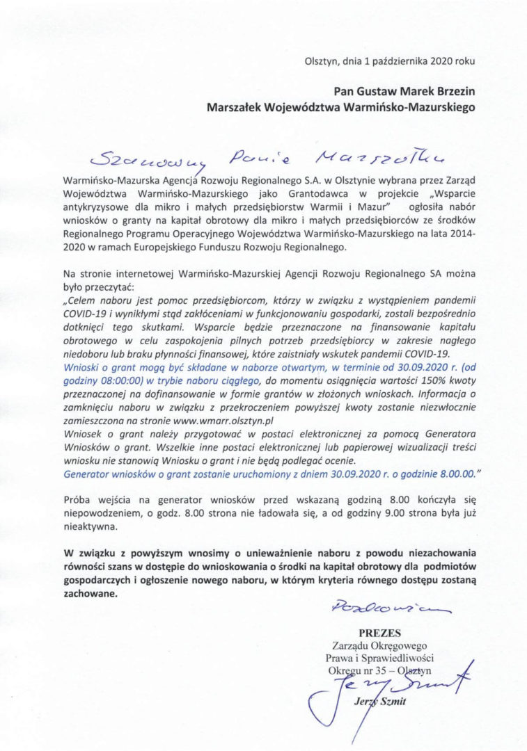 PiS chce unieważnienia naboru tzw. pożyczek covidowych w olsztyńskim WMARR