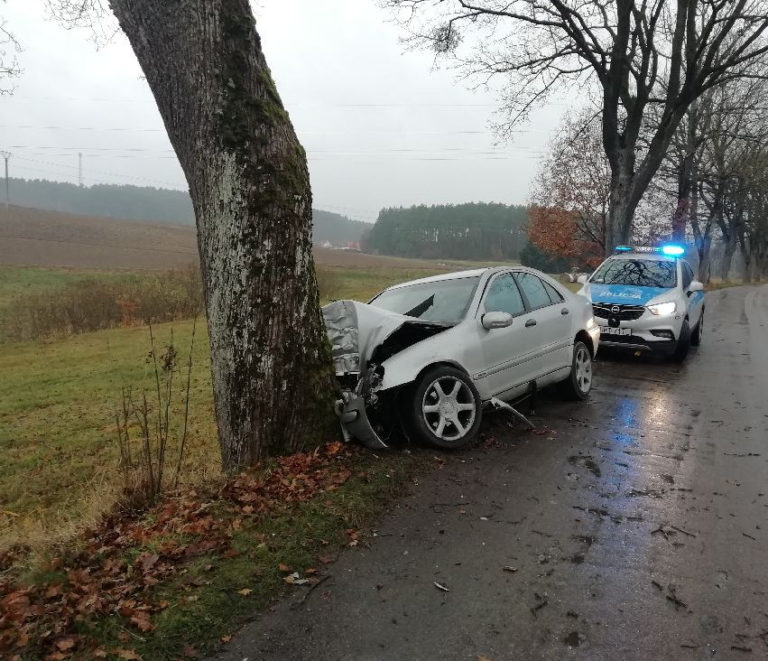 Kierujący mercedesem zjechał na pobocze i uderzył w drzewo