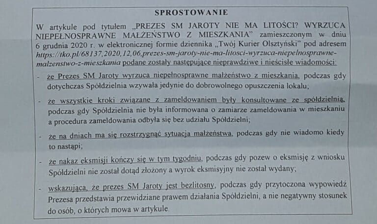 Sprostowanie SM Jaroty do artykułu „Prezes SM Jaroty nie ma litości? Wyrzuca niepełnosprawne małżeństwo z mieszkania”