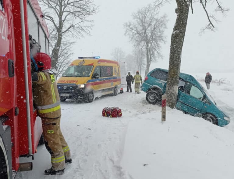 Wypadek osobówki. Dwie osoby w szpitalu po zderzeniu z drzewem