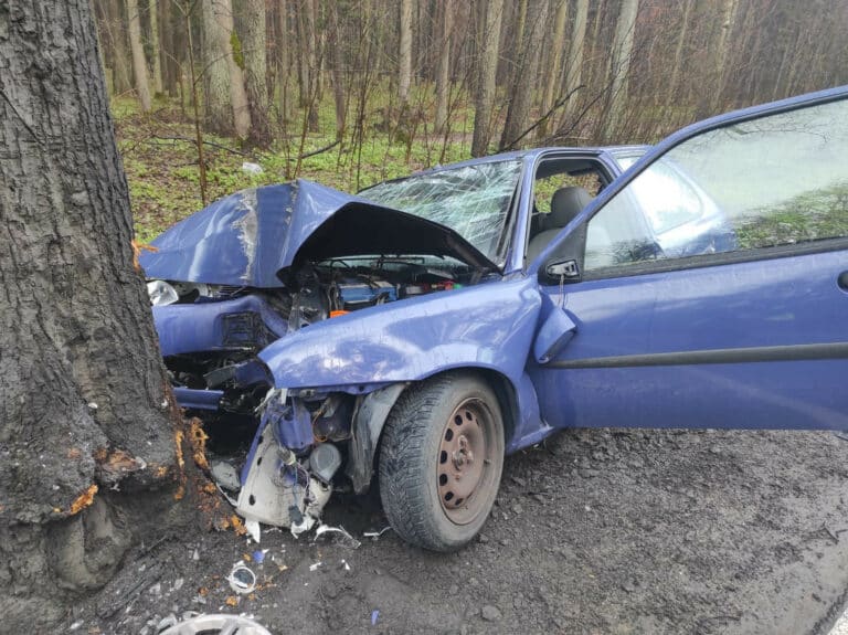 Rozbił się Fordem na drzewie. W aucie leżały puste butelki