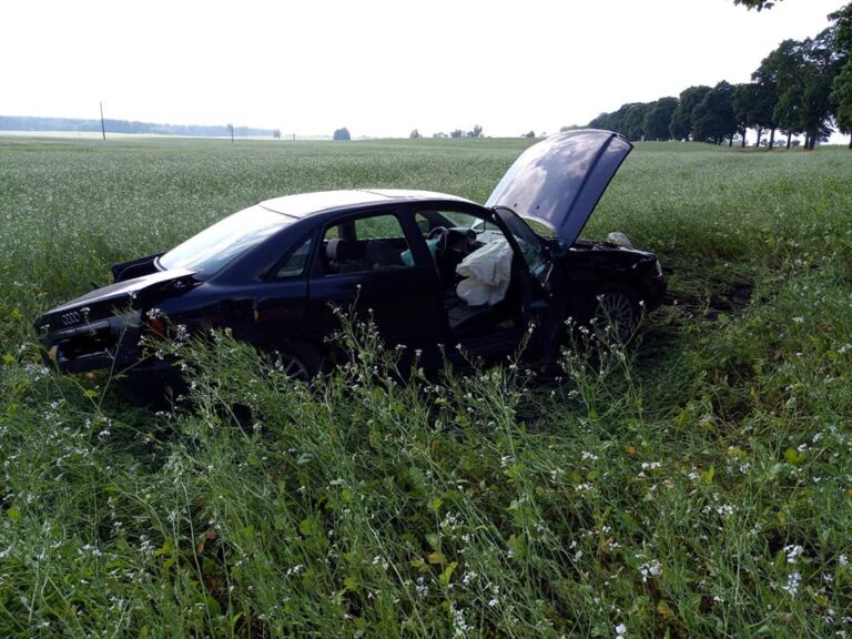 Auto wylądowało na polu. Otarło się o przydrożne drzewo