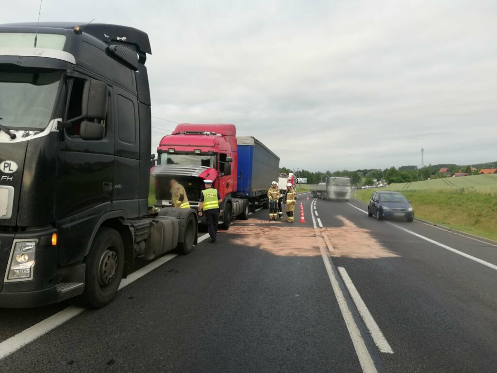 Poranne utrudnienia na drodze. Trwa usuwanie skutków wycieku oleju Gietrzwałd Wiadomości, Olsztyn