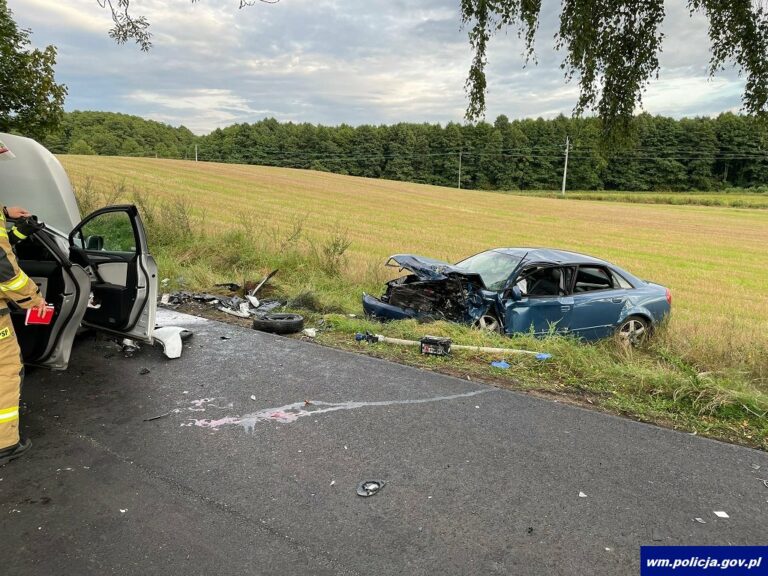 Zderzenie czołowe aut. Trzy osoby trafiły do szpitala