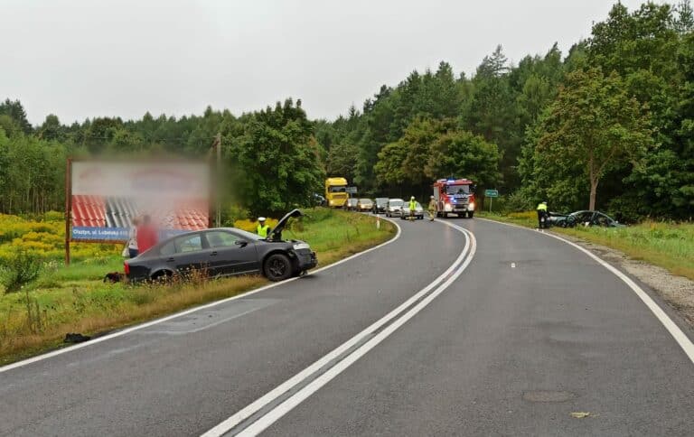 Wypadek na łuku drogi. Dwie osoby w szpitalu