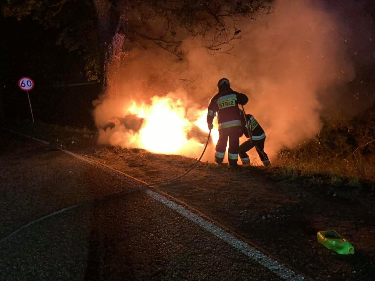 Wjechał Mercedesem w drzewo. Pojazd stanął w płomieniach