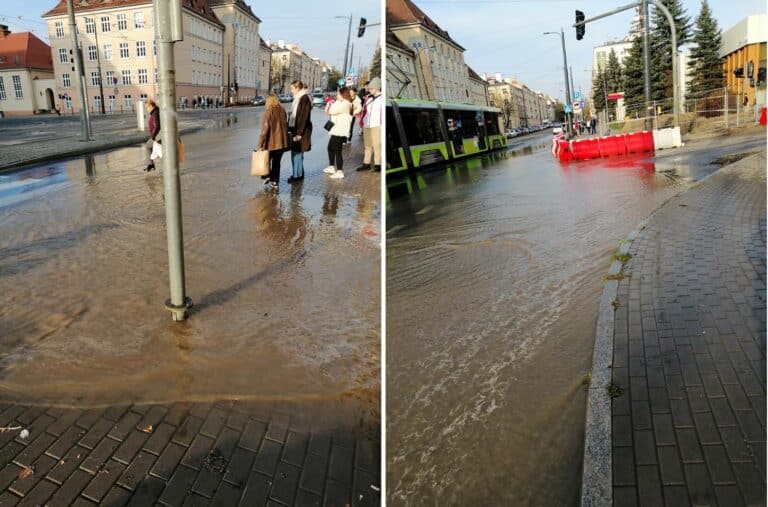 Zalane centrum Olsztyna. Komplikacje na budowie drugiej linii tramwajowej