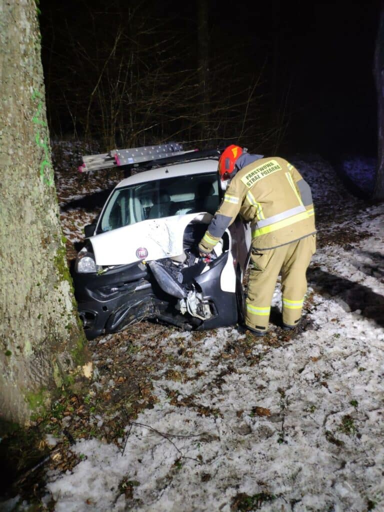 Kierowca Fiata stracił panowanie nad autem i uderzył w przydrożne drzewo wypadek Braniewo, Wiadomości