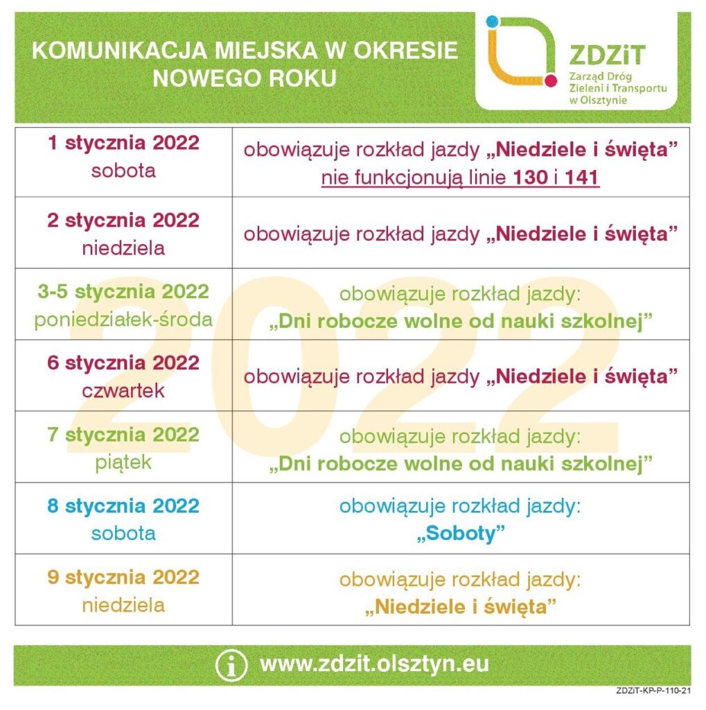 Z początkiem 2022 roku zostaną wprowadzone korekty w funkcjonowaniu transportu zbiorowego w Olsztynie mpk Olsztyn, Wiadomości