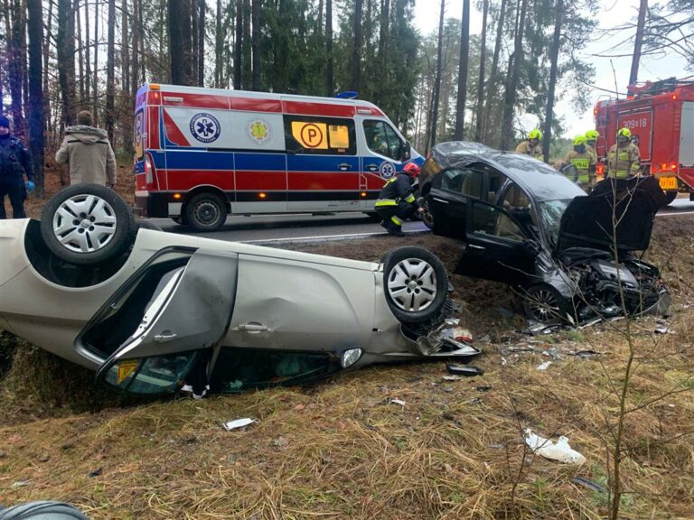 Czołowe zderzenie dw&oacute;ch aut na drodze krajowej