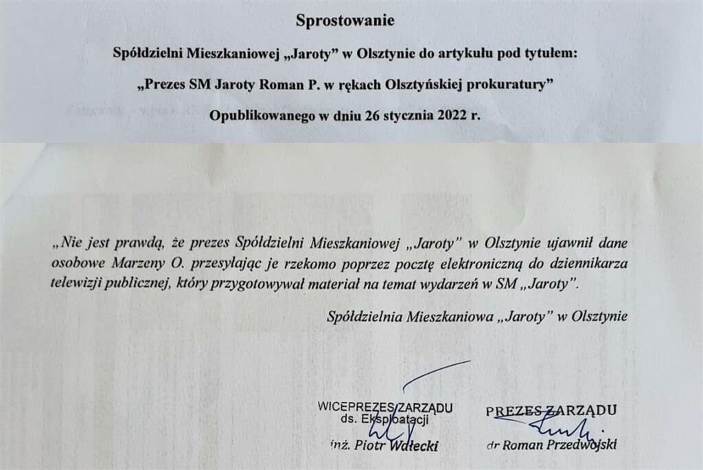 Prezes SM “Jaroty” Roman P. w rękach Olsztyńskiej prokuratury Olsztyn, Wiadomości