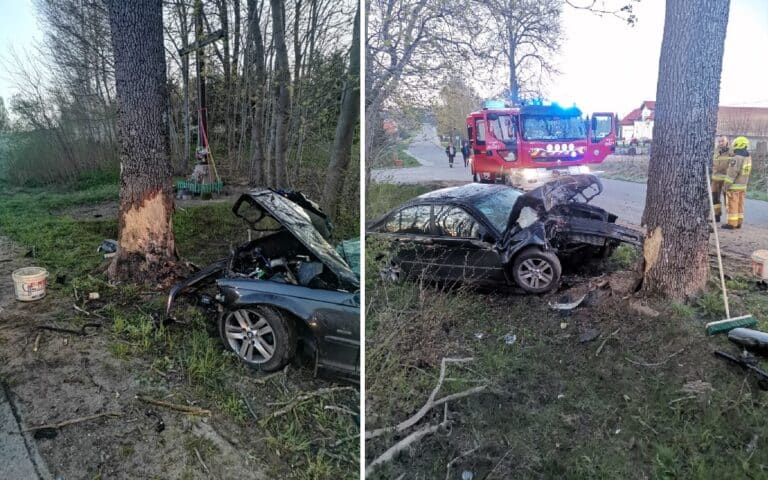Zderzenie BMW z drzewem. Na miejscu pracowała grupa dochodzeniowo–śledcza z technikiem kryminalistyki