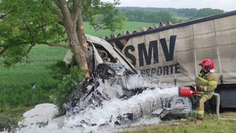 Utrudnienia na DK16 po wypadku. Ciężarówka z naczepą uderzyła w drzewo