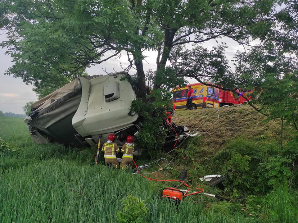 Utrudnienia na DK16 po wypadku. Ciężarówka z naczepą uderzyła w drzewo wypadek Olsztyn, Ostróda, Wiadomości, zPAP