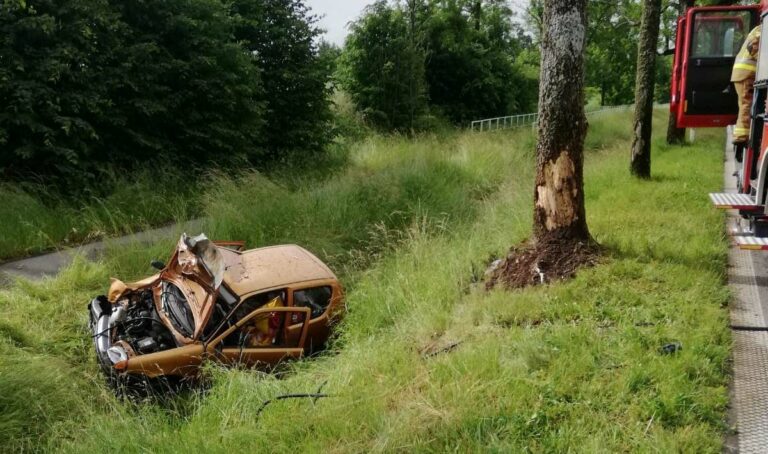 56–latek kierując osobowym fiatem zjechał na na pobocze, gdzie uderzył w drzewo