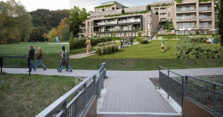 Widok na plac z alejką i grupą ludzi, w tle nowoczesny apartamentowiec przy Parku Centralnym.