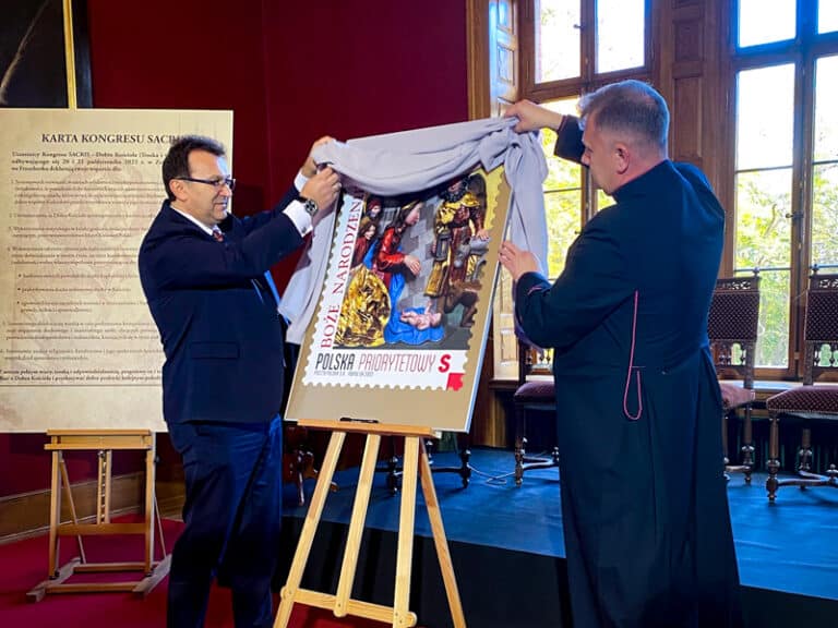 Fragment gotyckiego poliptyku z Fromborka na znaczku pocztowym