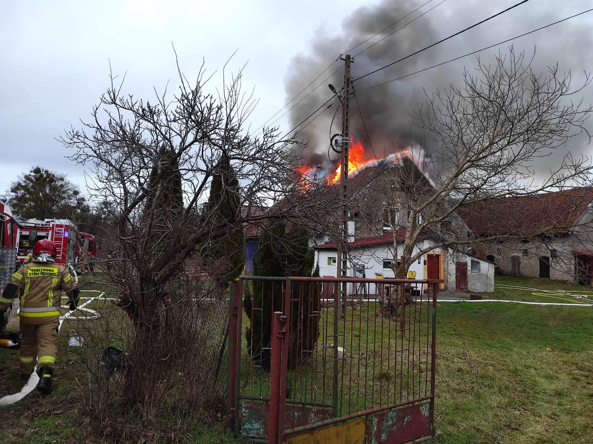 Strażacy zastali na miejscu rozwinięty pożar dachu, a ogień wydostawał się na zewnątrz budynku pożar Opinie
