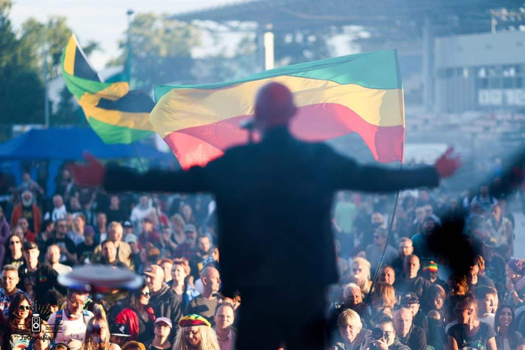 Tłum ludzi na festiwalu, flagi reggae w tle.