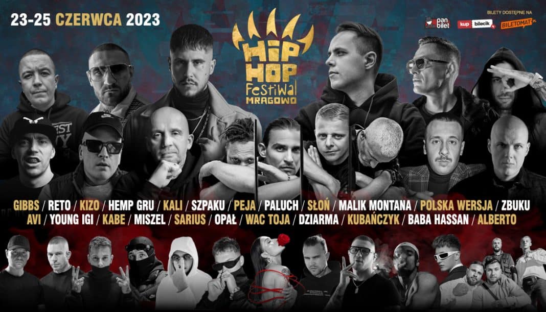 Plakat Hip-Hop Festiwalu Mrągowo z artystami i datami wydarzenia.
