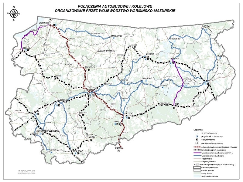 Mapa województwa z połączeniami autobusowymi