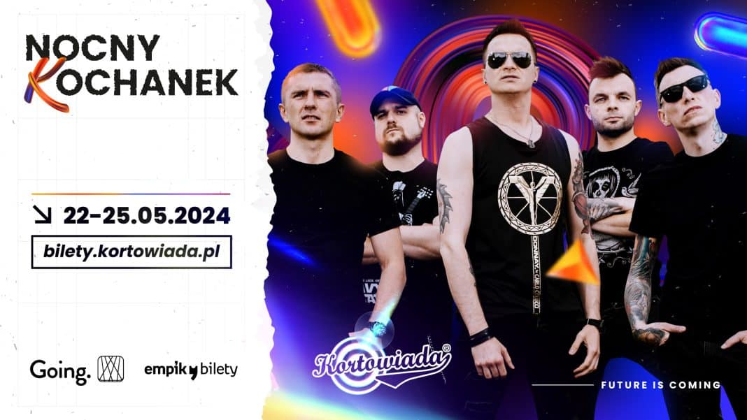 Zespół Nocny Kochanek na tle kolorowych świateł i logo Kortowiady.